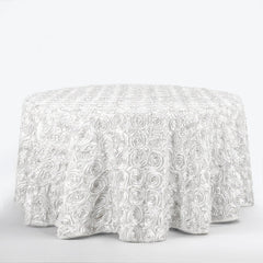 Satin 120" Round Tablecloth White - Grandiose 3D Rosette Design with Seamless Finish for Luxe Events