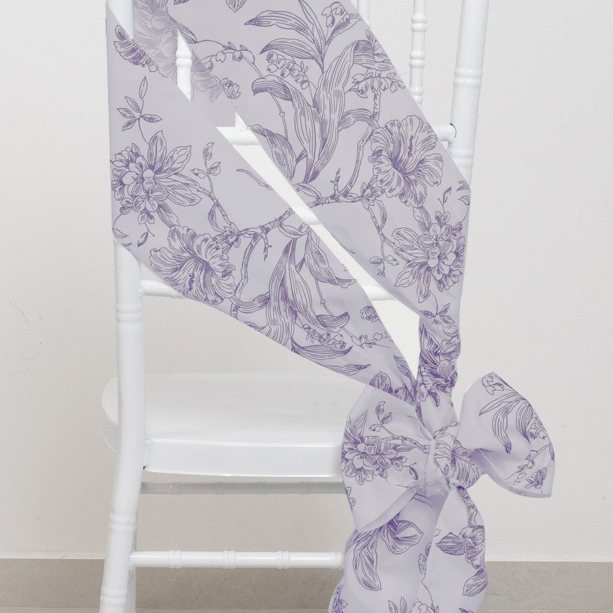 Polyester Chair Sashes White Lavender Lilac French Toile Floral Design - Wrinkle-Resistant & Durable Chair Bows for Exquisite Weddings & Banquets 6"x108"