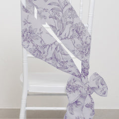 Polyester Chair Sashes White Lavender Lilac French Toile Floral Design - Wrinkle-Resistant & Durable Chair Bows for Exquisite Weddings & Banquets 6"x108"